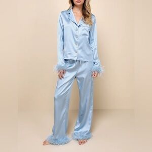 Dreamiest Delight Light Blue Satin Feather Two-Piece Pajama Set